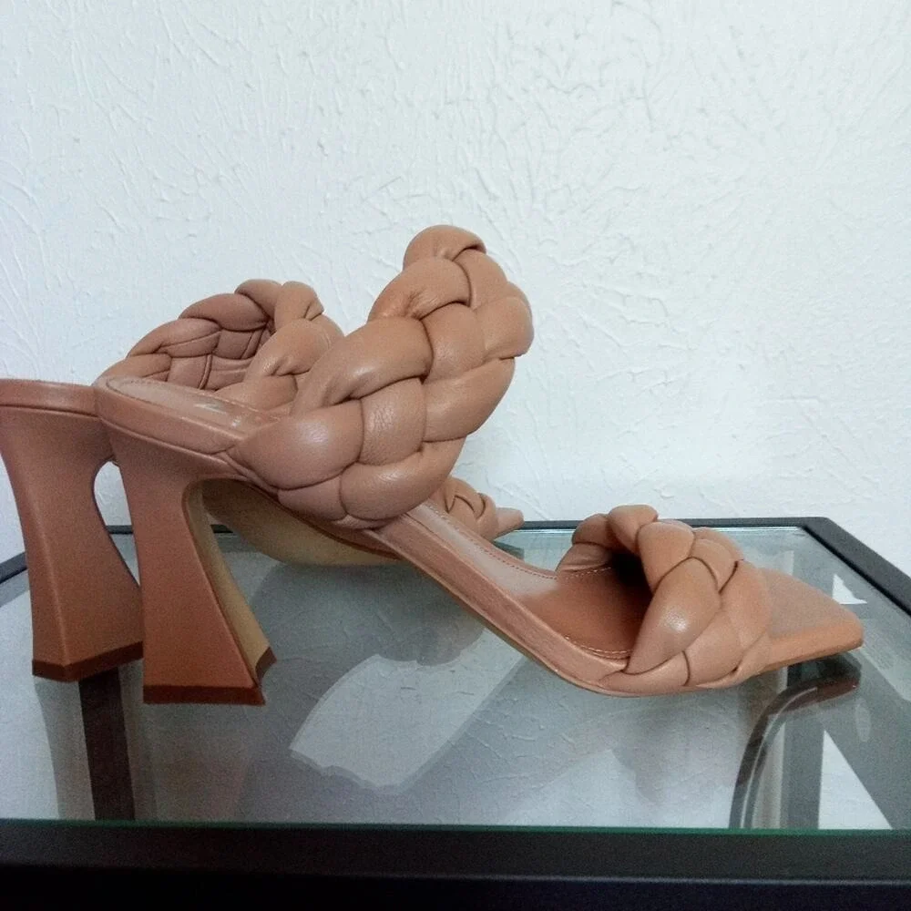 Marc Fisher leather Sandals braided strap size 8.5 Nude Neutral Brown Heels NWT‎